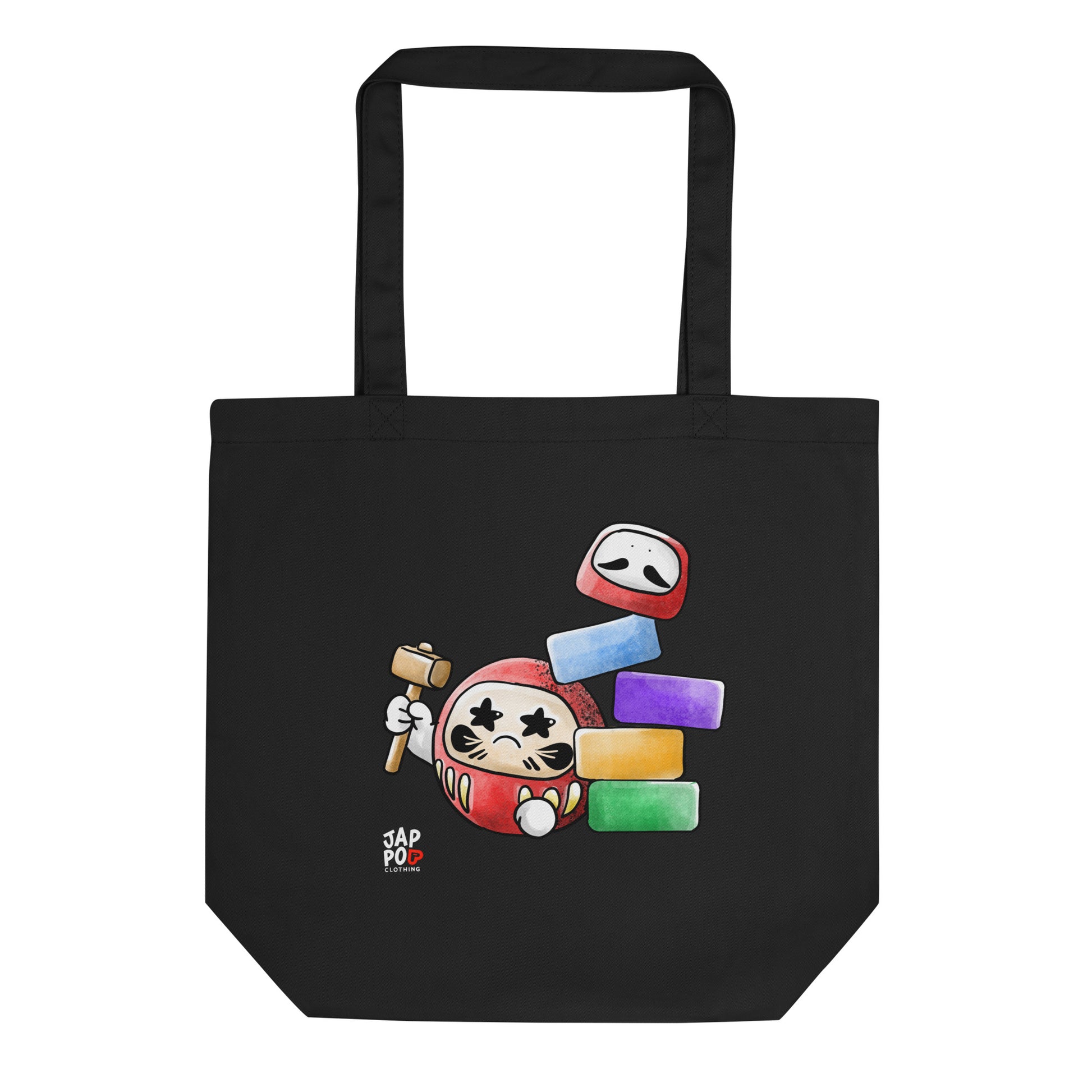 Eco tote bag featuring a bold illustration inspired by the Japanese game だるま落とし.