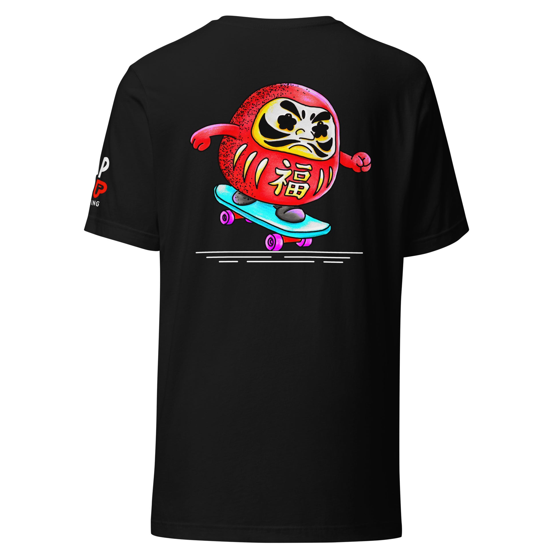 Japanese-inspired crop top featuring Daruma Skater, a playful Daruma doll riding a skateboard inspired by Japanese culture and perseverance.
