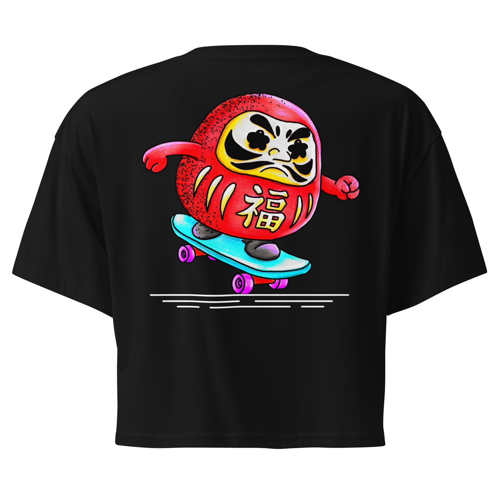 Japanese-inspired crop top featuring Daruma Skater, a playful Daruma doll riding a skateboard inspired by Japanese culture and perseverance.