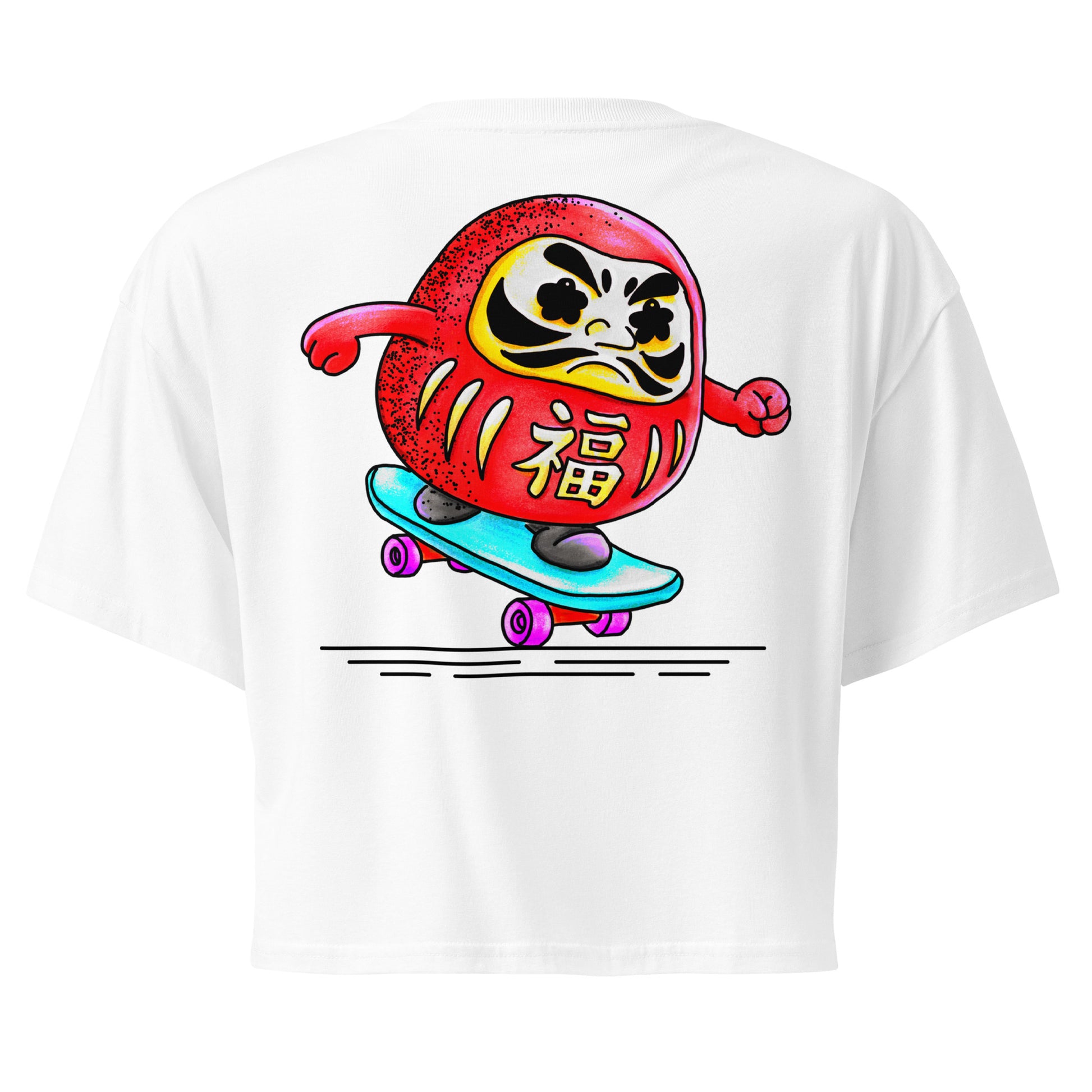 Japanese-inspired crop top featuring Daruma Skater, a playful Daruma doll riding a skateboard inspired by Japanese culture and perseverance.