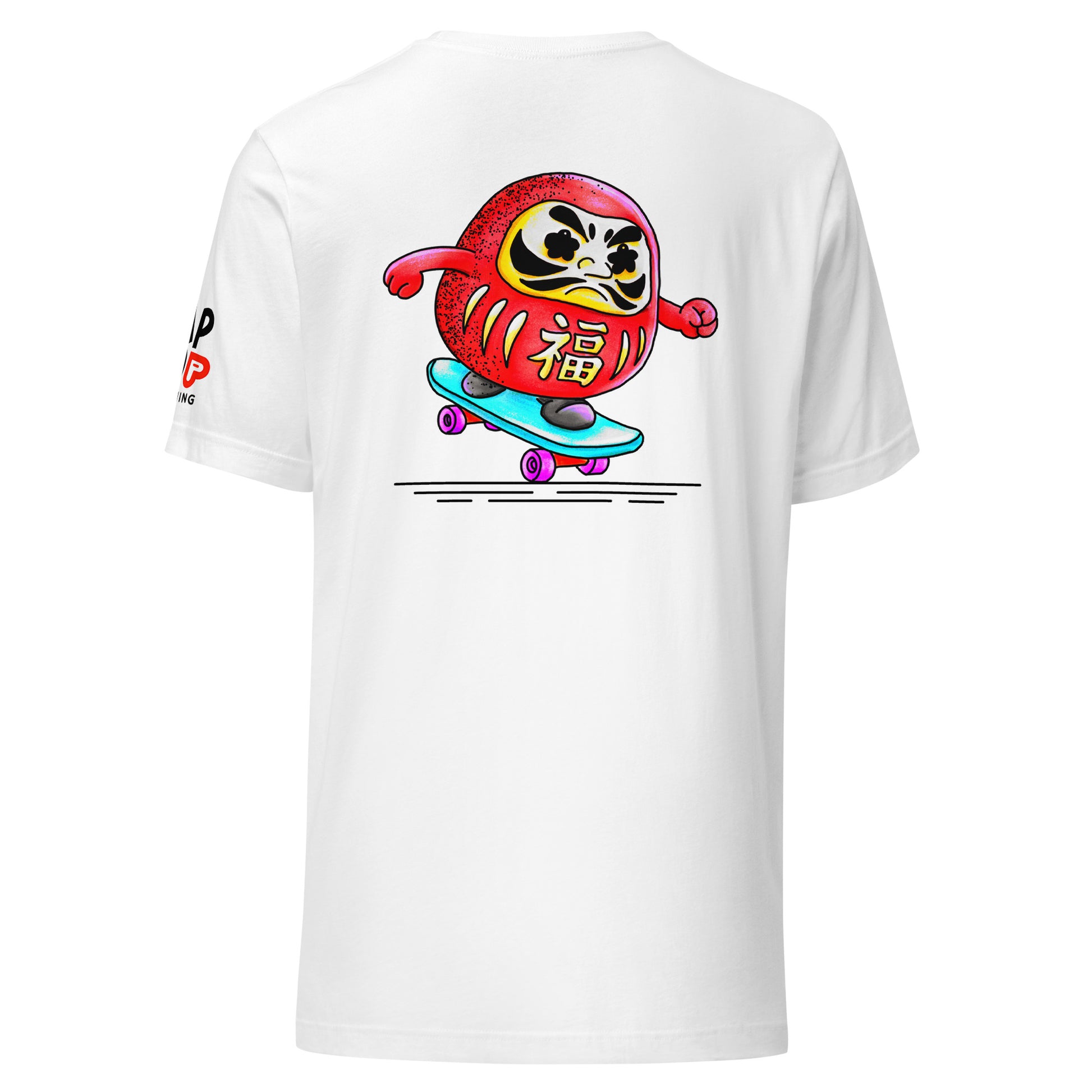 Japanese-inspired crop top featuring Daruma Skater, a playful Daruma doll riding a skateboard inspired by Japanese culture and perseverance.