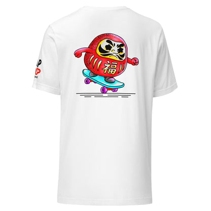 Japanese-inspired crop top featuring Daruma Skater, a playful Daruma doll riding a skateboard inspired by Japanese culture and perseverance.