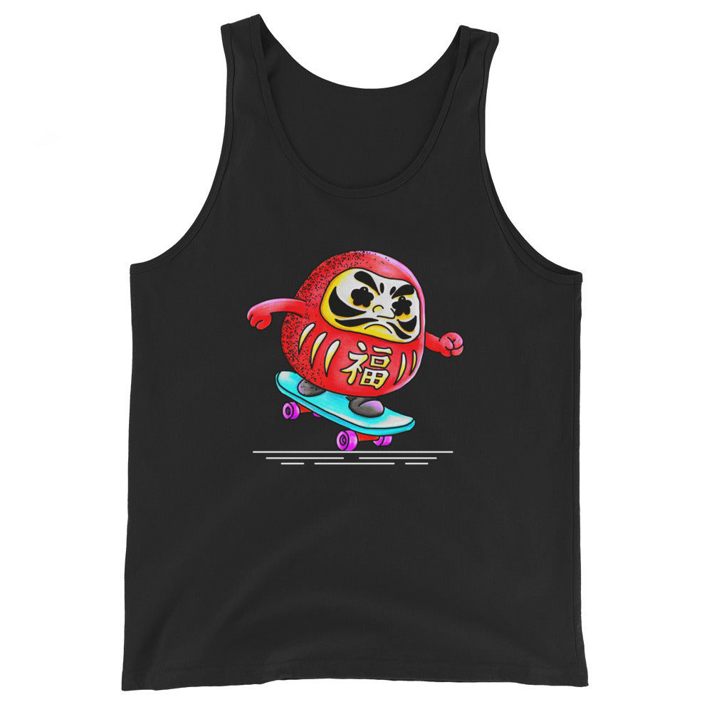Japanese-inspired tank top featuring Daruma Skater, a playful Daruma doll riding a skateboard inspired by Japanese culture and determination.