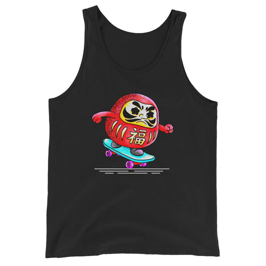 Japanese-inspired tank top featuring Daruma Skater, a playful Daruma doll riding a skateboard inspired by Japanese culture and determination.