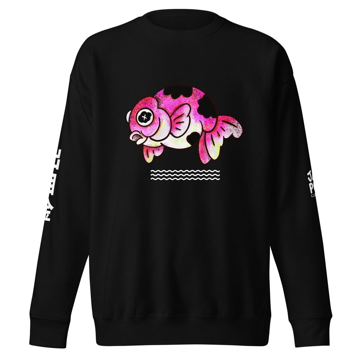 Graphic sweatshirt featuring a cute JapPop demekin goldfish illustration with big round telescope eyes, inspired by Japanese festival goldfish, drawn in playful kawaii style.