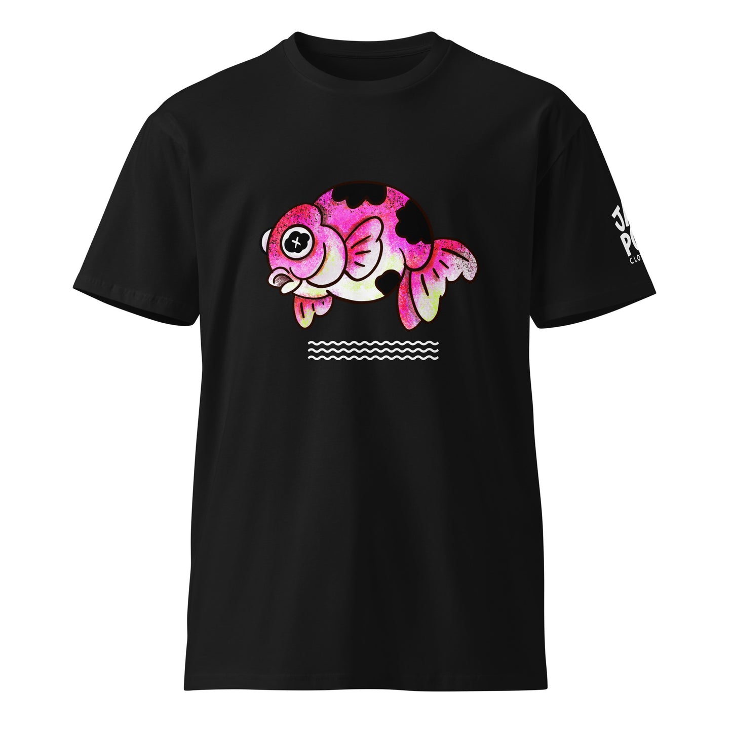Graphic T-shirt featuring a cute JapPop demekin goldfish illustration with big round telescope eyes, inspired by Japanese festival goldfish, drawn in playful kawaii style.
