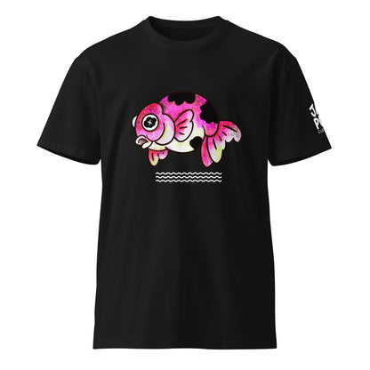 Graphic T-shirt featuring a cute JapPop demekin goldfish illustration with big round telescope eyes, inspired by Japanese festival goldfish, drawn in playful kawaii style.