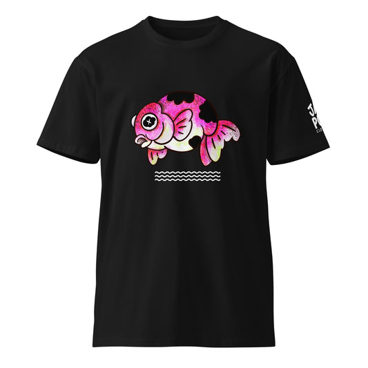 Graphic T-shirt featuring a cute JapPop demekin goldfish illustration with big round telescope eyes, inspired by Japanese festival goldfish, drawn in playful kawaii style.