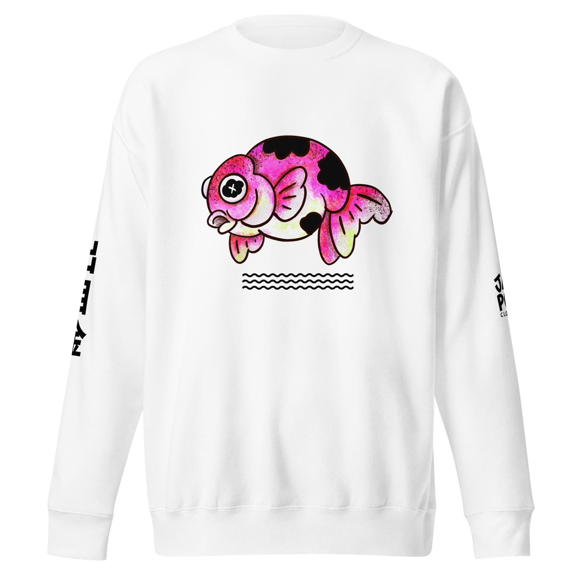 Graphic sweatshirt featuring a cute JapPop demekin goldfish illustration with big round telescope eyes, inspired by Japanese festival goldfish, drawn in playful kawaii style.