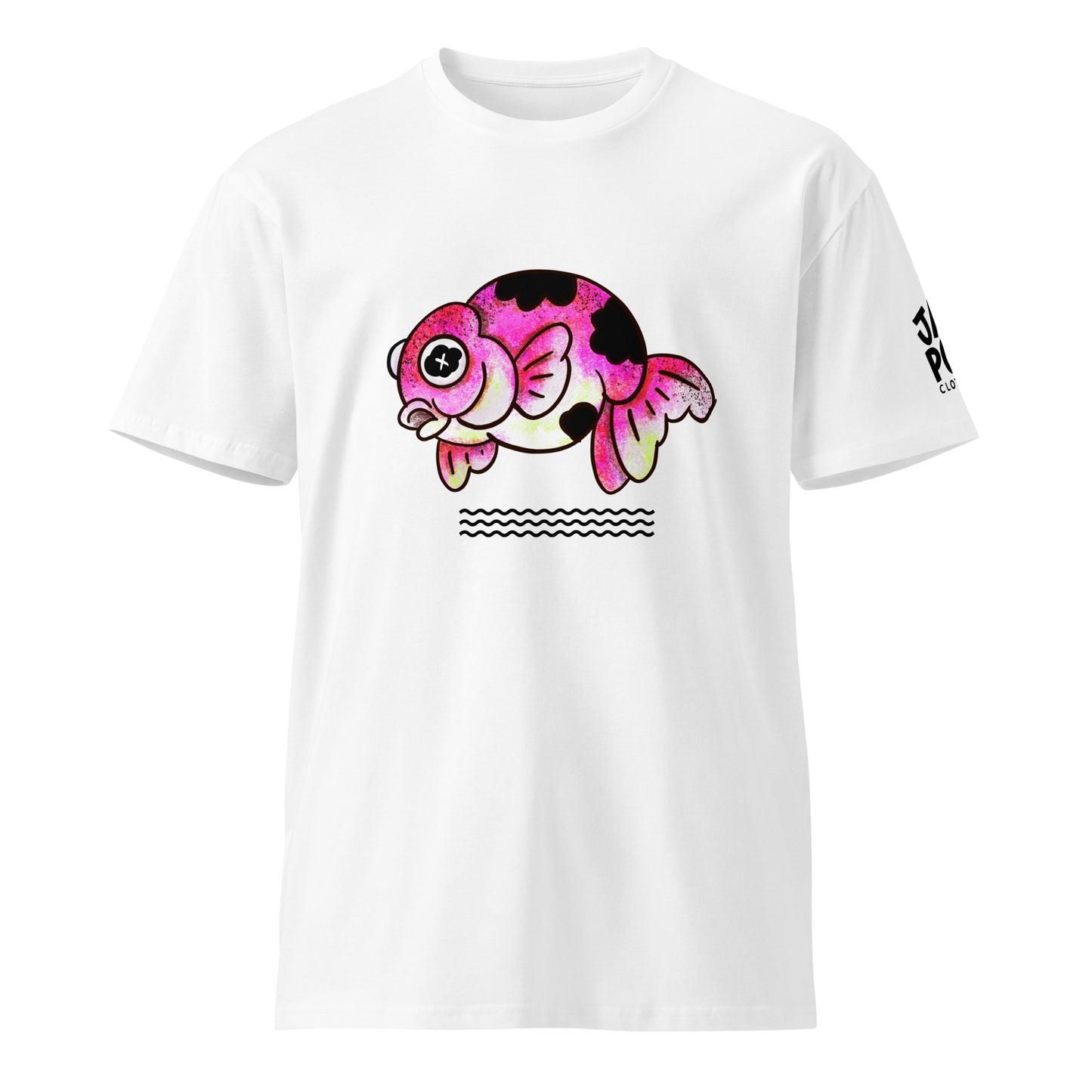 Graphic T-shirt featuring a cute JapPop demekin goldfish illustration with big round telescope eyes, inspired by Japanese festival goldfish, drawn in playful kawaii style.