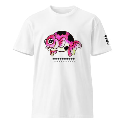 Graphic T-shirt featuring a cute JapPop demekin goldfish illustration with big round telescope eyes, inspired by Japanese festival goldfish, drawn in playful kawaii style.