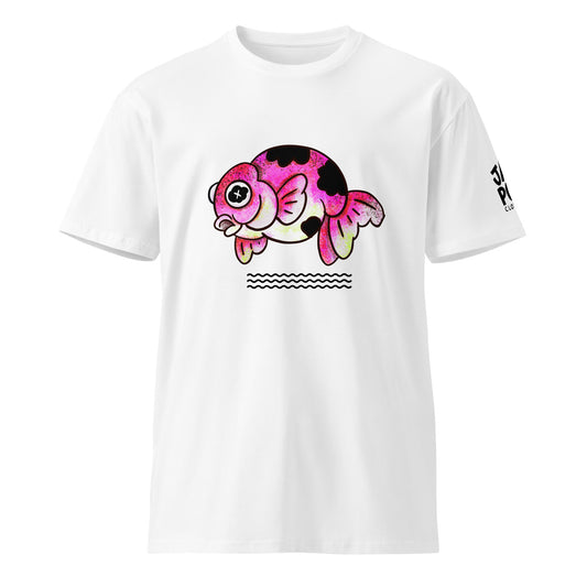 Graphic T-shirt featuring a cute JapPop demekin goldfish illustration with big round telescope eyes, inspired by Japanese festival goldfish, drawn in playful kawaii style.