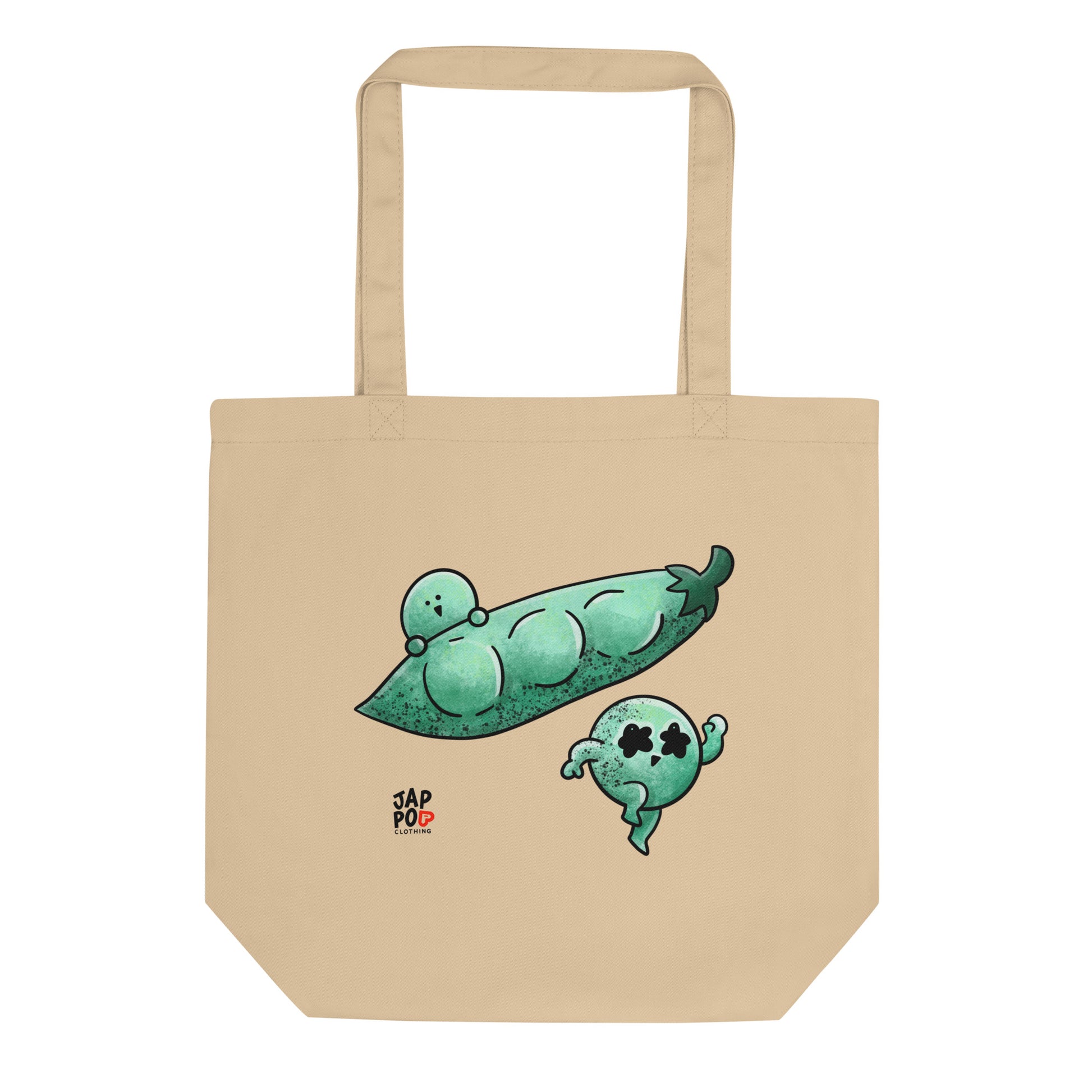 Eco tote bag featuring a whimsical edamame pod illustration with flowing vines.