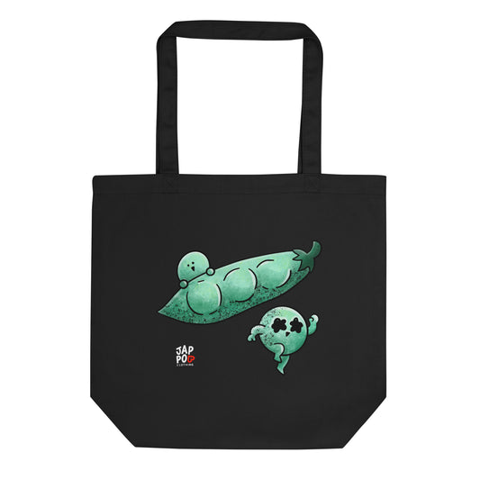 Eco tote bag featuring a whimsical edamame pod illustration with flowing vines.