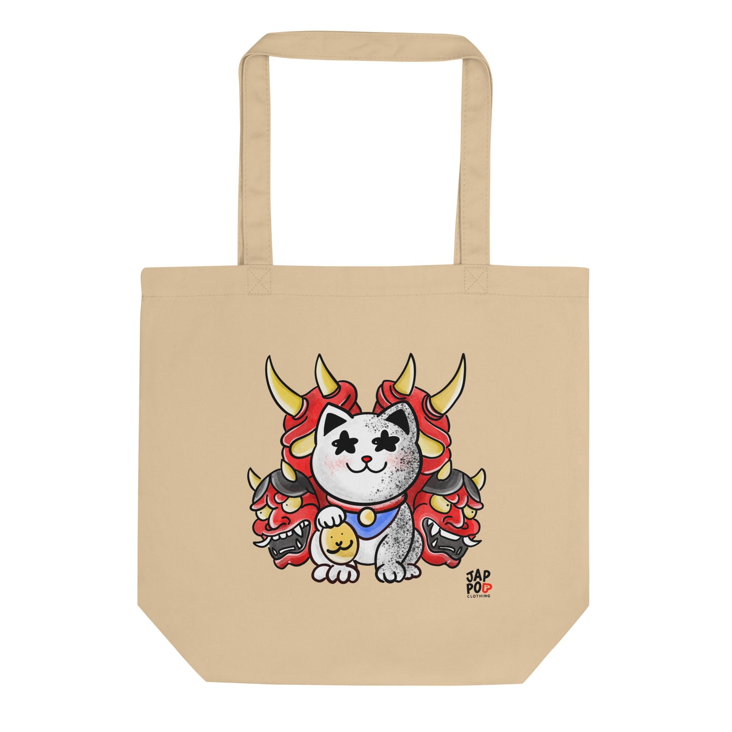 Eco tote bag featuring a fierce cat inspired by the Japanese Hannya mask.