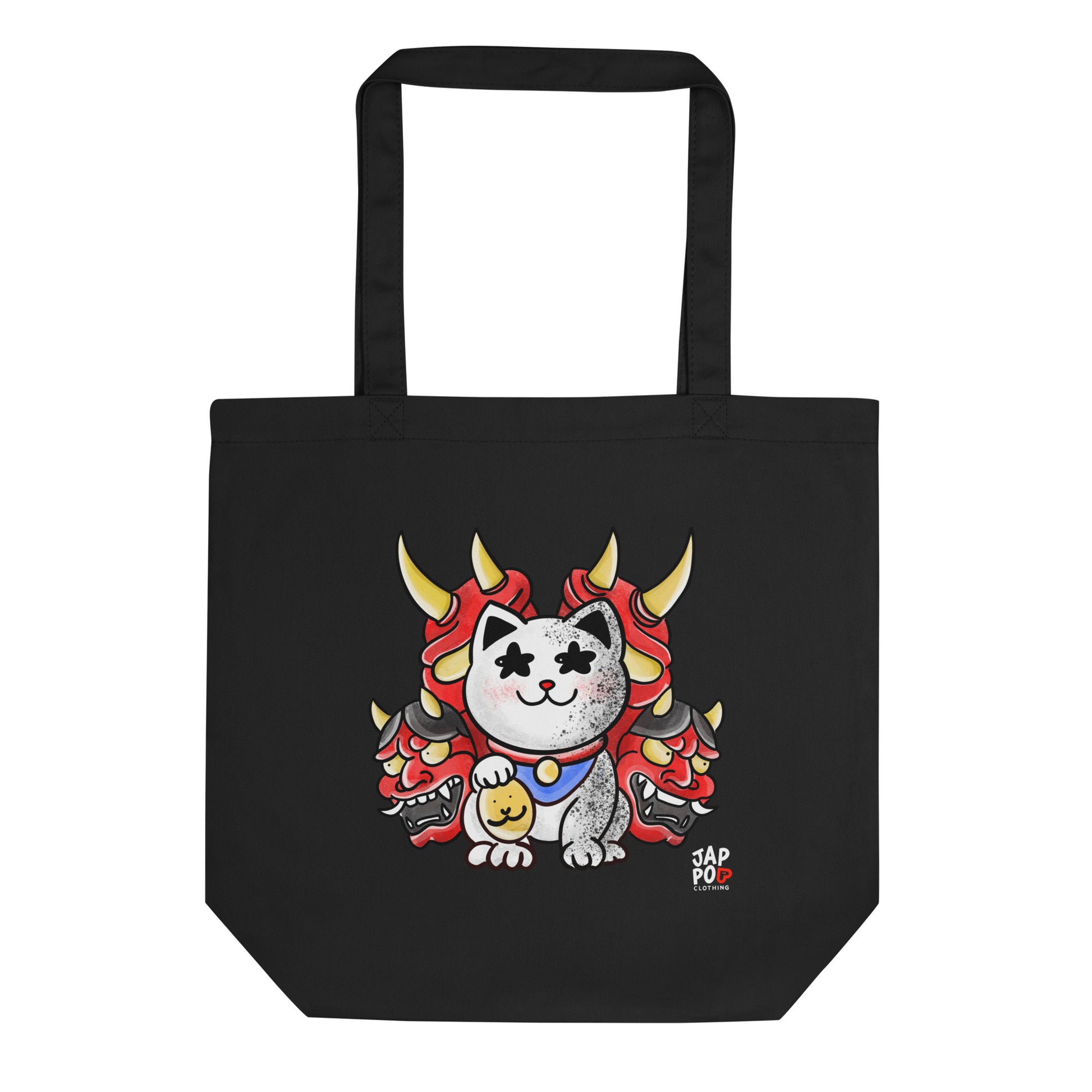 Eco tote bag featuring a fierce cat inspired by the Japanese Hannya mask.