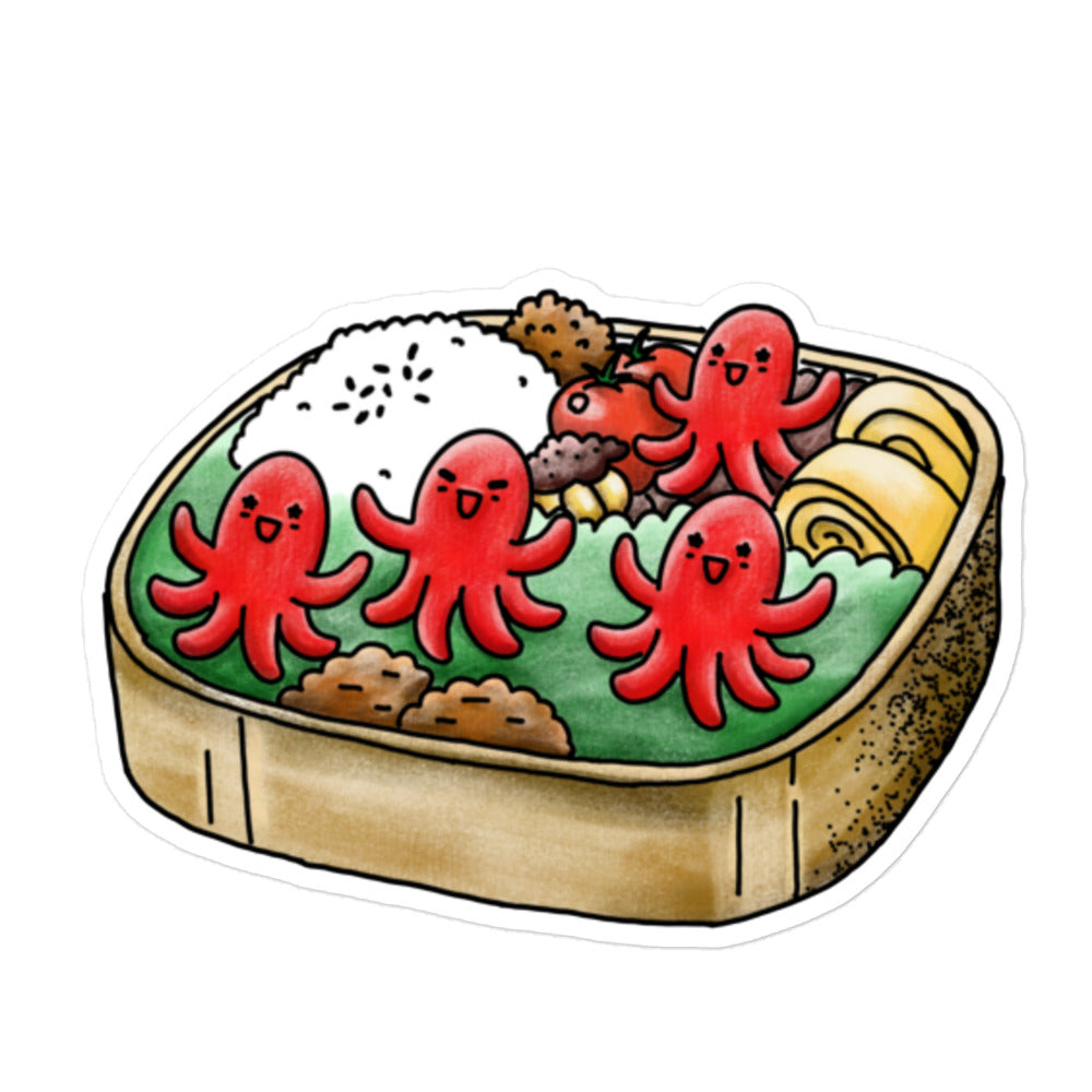 Happy Bento sticker showing cute dancing octopus sausages inspired by Japanese bento culture and joyful food illustrations