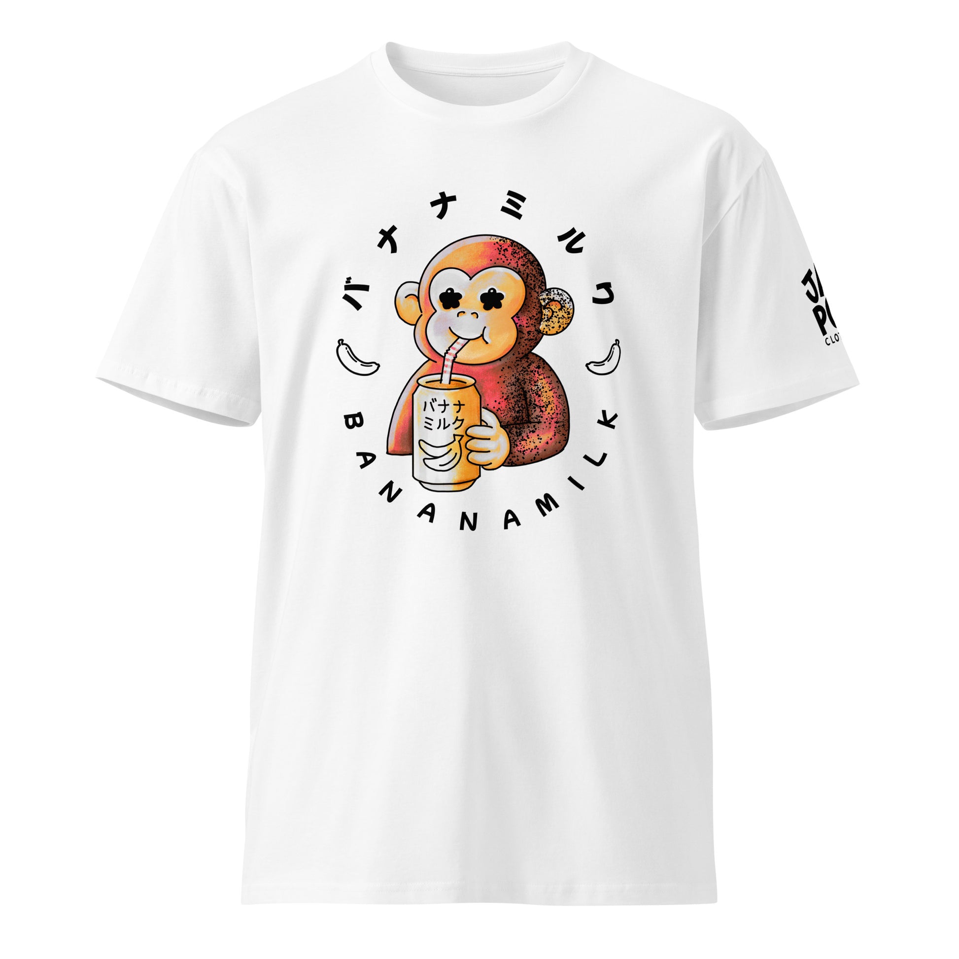 Graphic T-shirt with a cute monkey drinking banana milk illustration inspired by Japanese pop culture and snack humor.