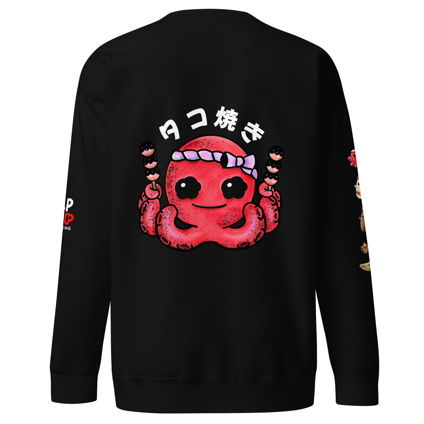Graphic sweatshirt featuring a cute takoyaki illustration with bonito flakes and mayo in playful JapPop style.