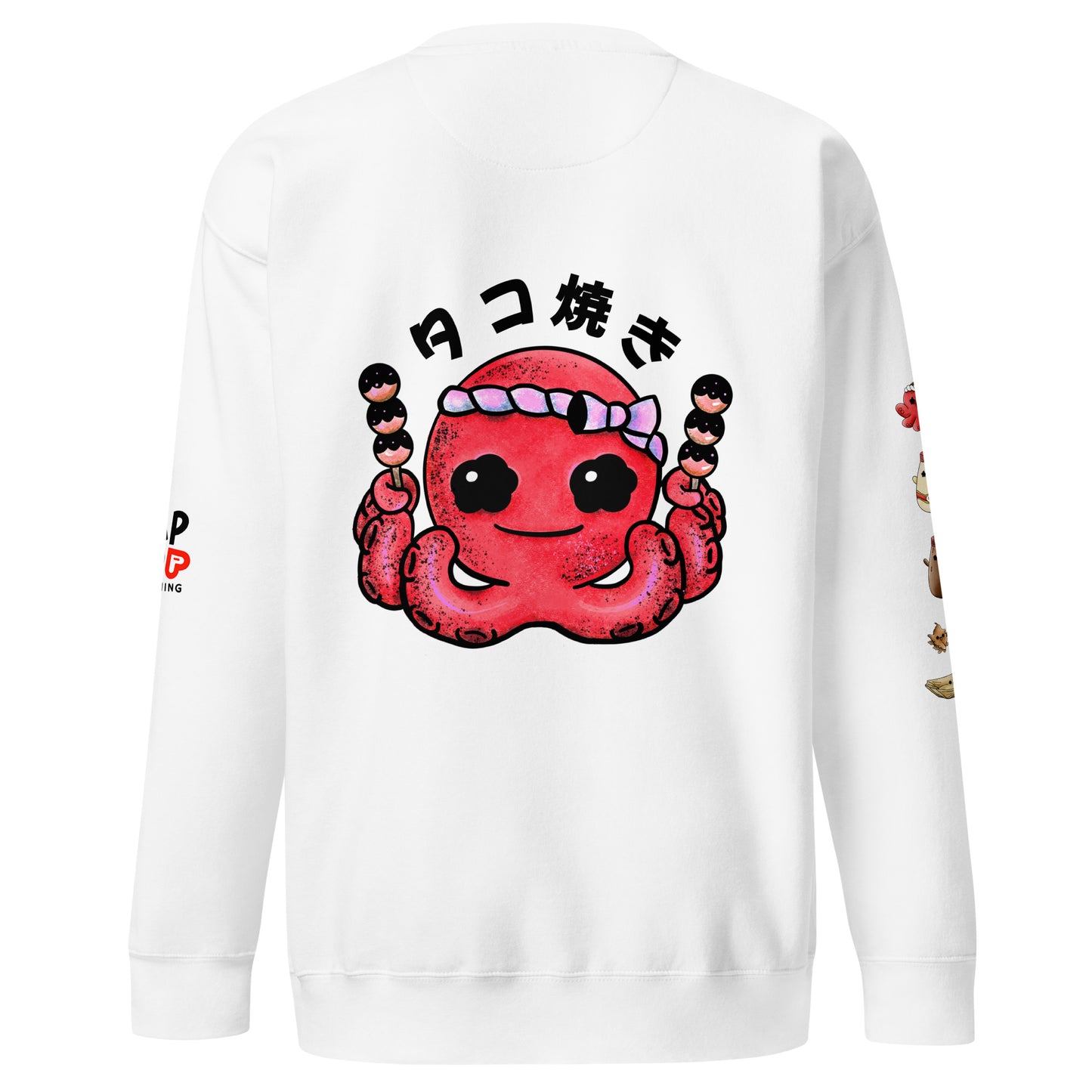 Graphic sweatshirt featuring a cute takoyaki illustration with bonito flakes and mayo in playful JapPop style.