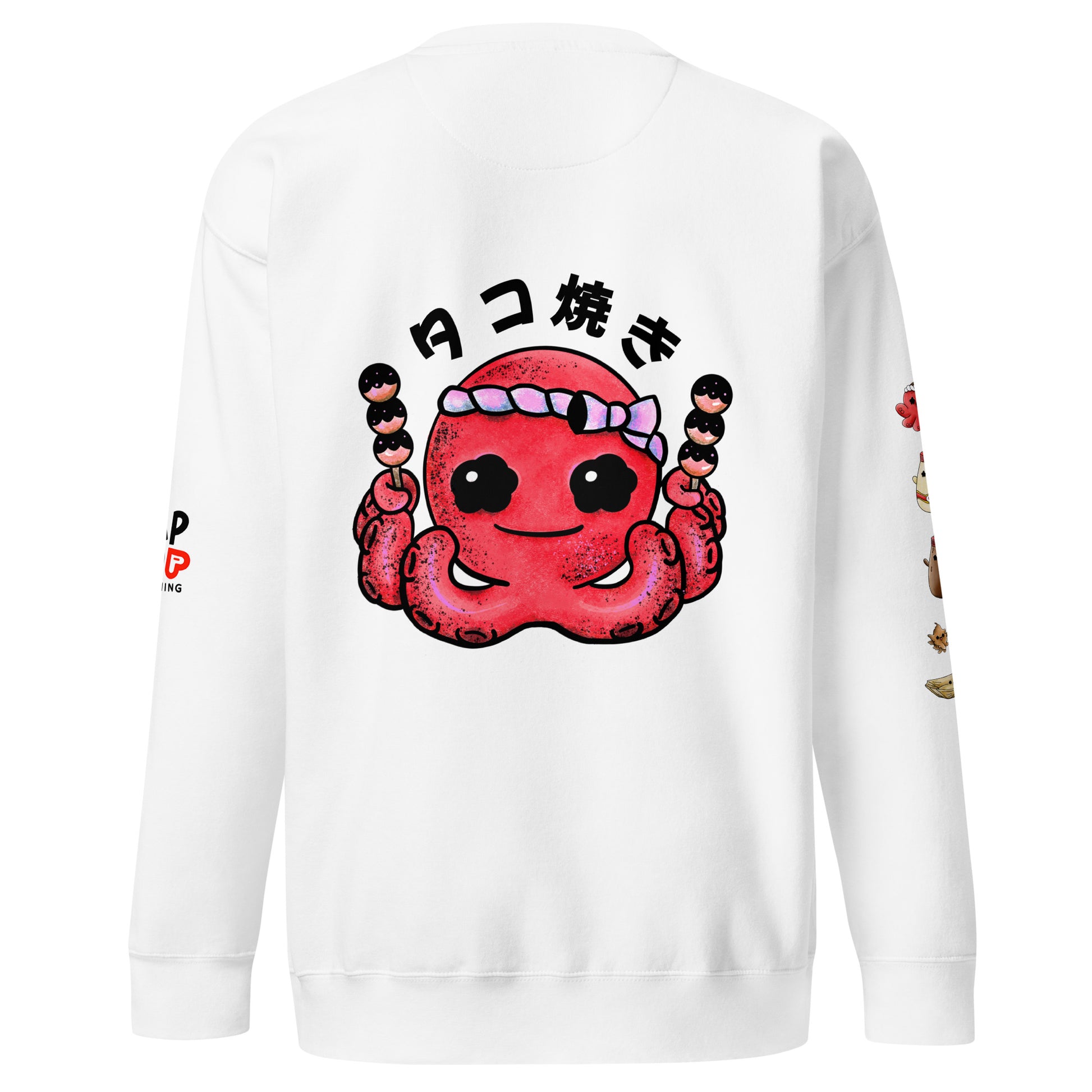 Graphic sweatshirt featuring a cute takoyaki illustration with bonito flakes and mayo in playful JapPop style.