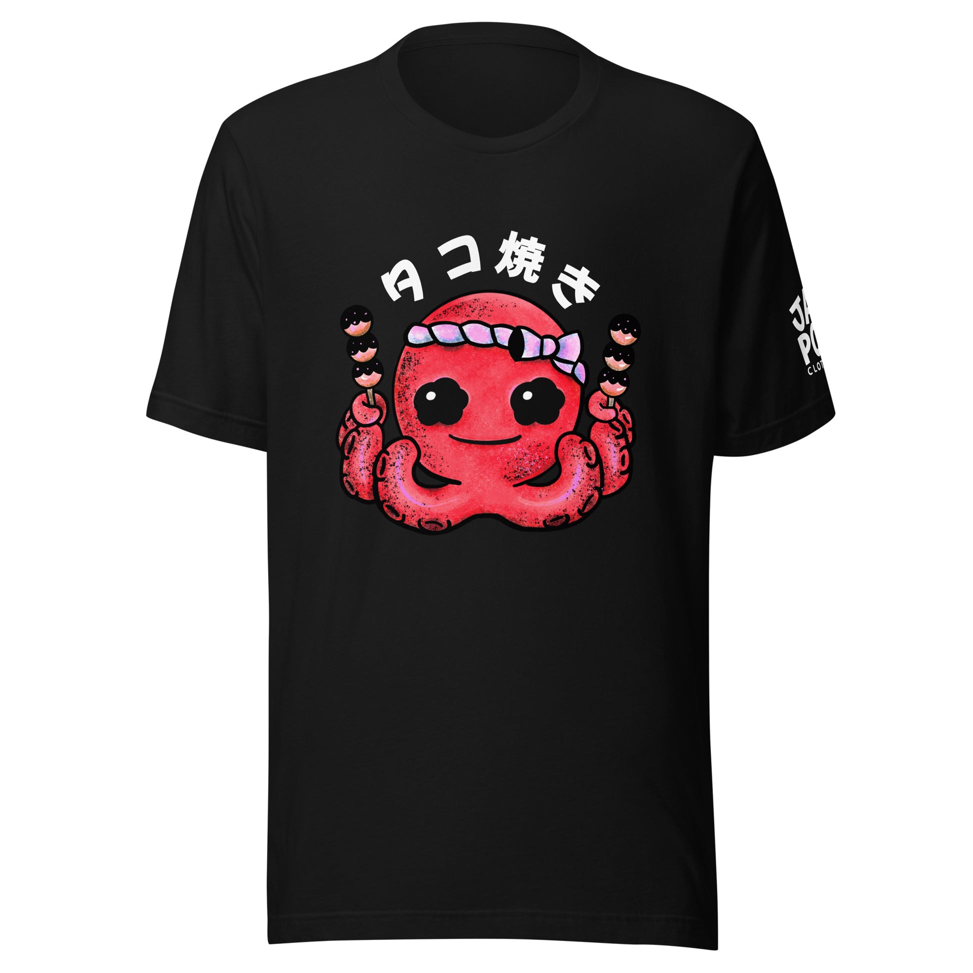 Japanese takoyaki graphic t-shirt featuring a cute octopus ball with bonito flakes and mayo in playful JapPop style.