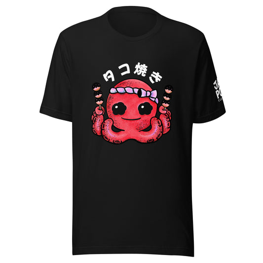 Japanese takoyaki graphic t-shirt featuring a cute octopus ball with bonito flakes and mayo in playful JapPop style.