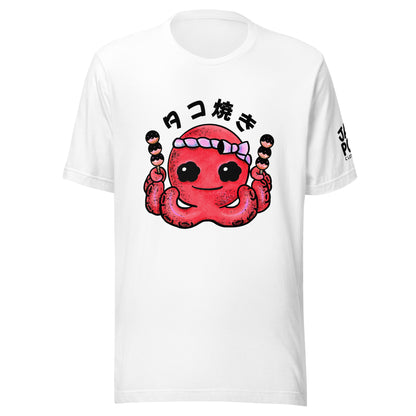 Japanese takoyaki graphic t-shirt featuring a cute octopus ball with bonito flakes and mayo in playful JapPop style.