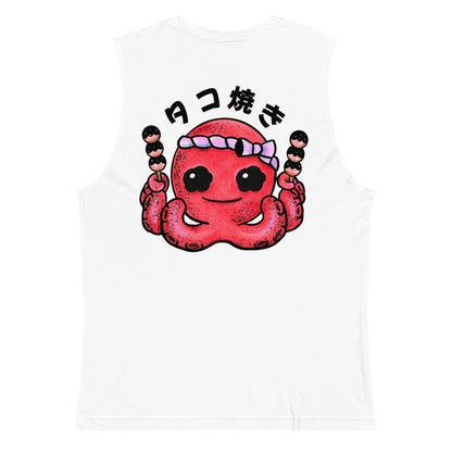 Japanese takoyaki graphic tank top featuring a cute octopus ball character with sauce and bonito flakes in playful JapPop style.
