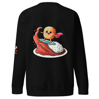 Playful katsu curry graphic sweatshirt featuring a cute Japanese comfort food illustration of pork cutlet with curry and rice in a JapPop style.
