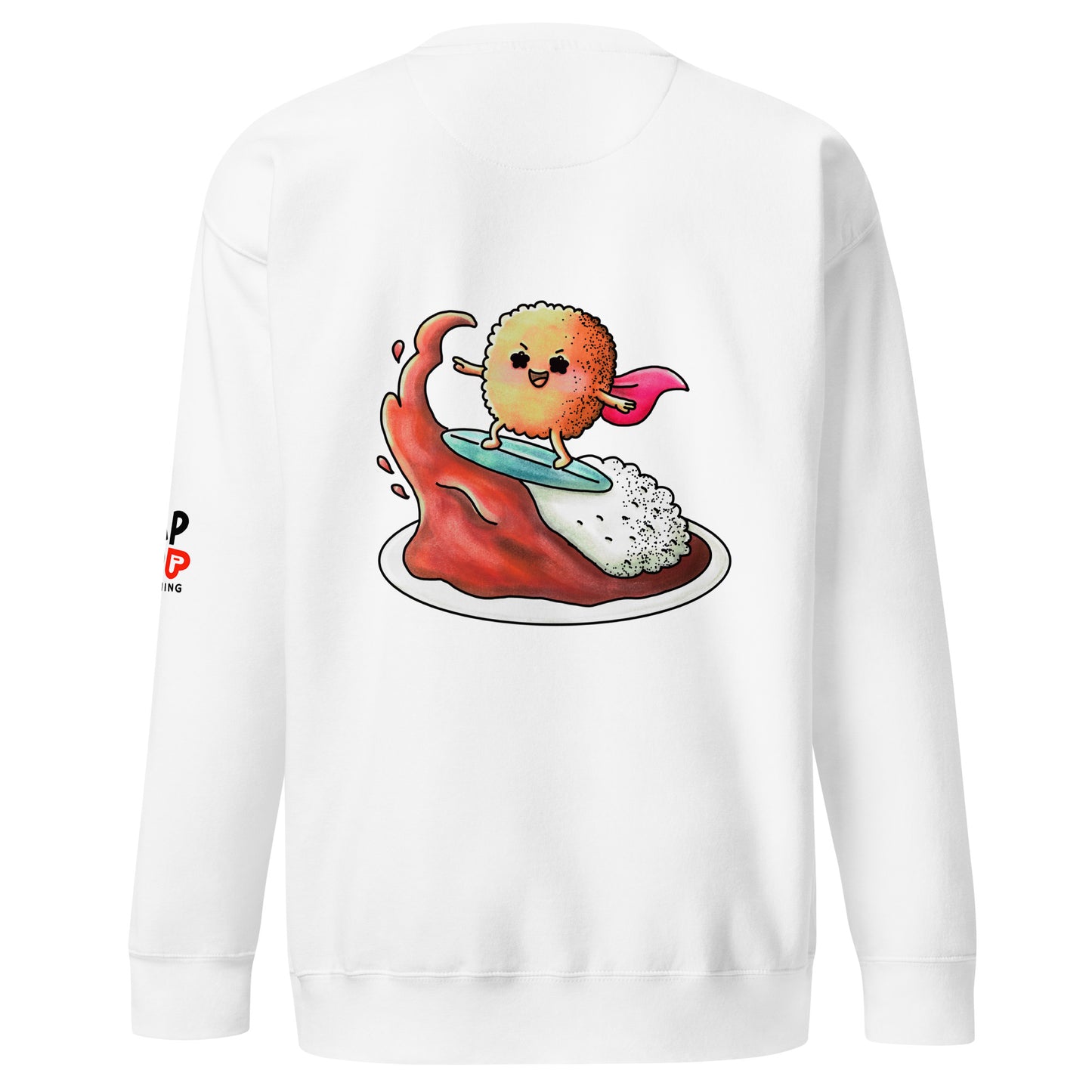 Playful katsu curry graphic sweatshirt featuring a cute Japanese comfort food illustration of pork cutlet with curry and rice in a JapPop style.