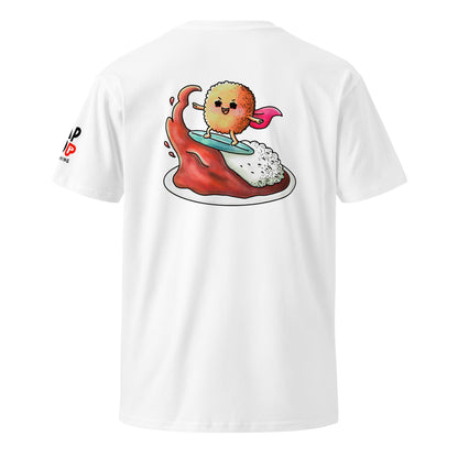 Playful katsu curry graphic T-shirt featuring a cute Japanese comfort food illustration of pork cutlet with curry and rice in a JapPop style.