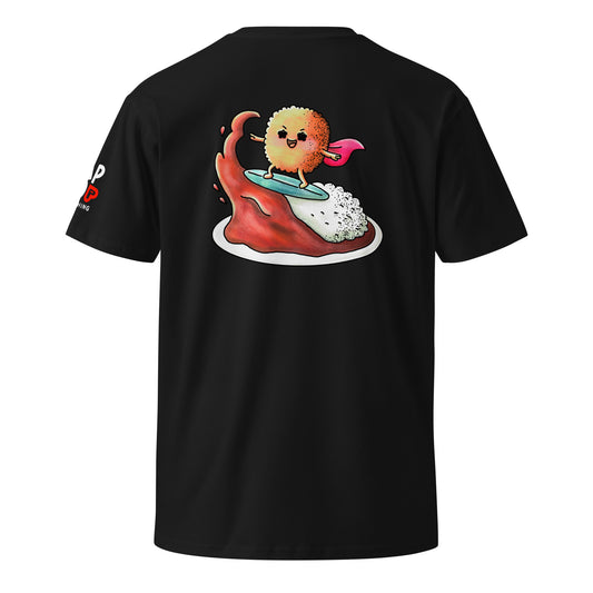Playful katsu curry graphic T-shirt featuring a cute Japanese comfort food illustration of pork cutlet with curry and rice in a JapPop style.