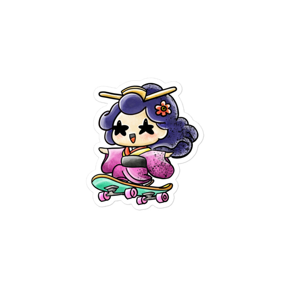 A JapPop-style sticker featuring a skateboarder in a traditional Japanese kimono, combining skate culture with classic Japanese design.