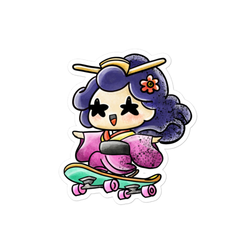 A JapPop-style sticker featuring a skateboarder in a traditional Japanese kimono, combining skate culture with classic Japanese design.