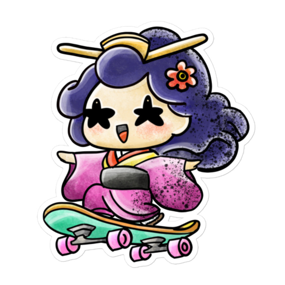 A JapPop-style sticker featuring a skateboarder in a traditional Japanese kimono, combining skate culture with classic Japanese design.