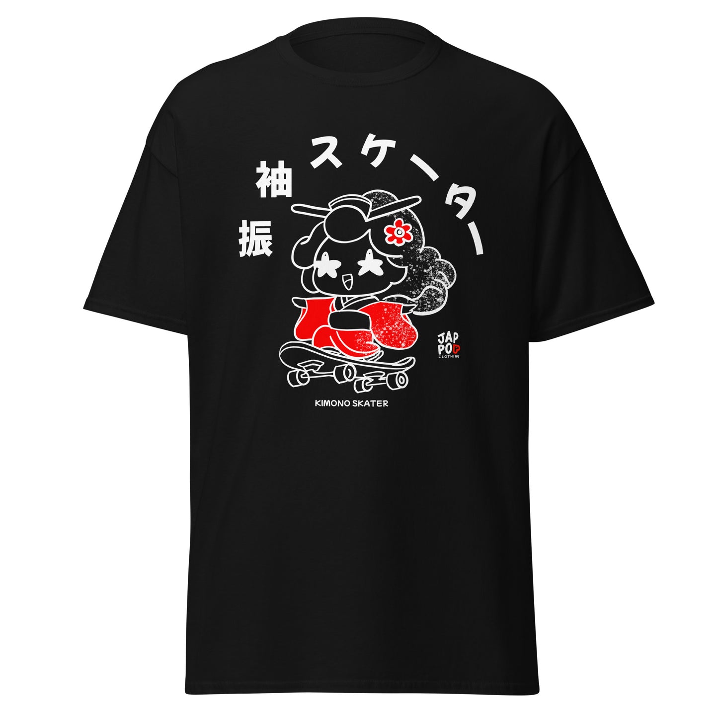A JapPop illustration of a skateboarder wearing a flowing Japanese kimono, printed on a unisex T-shirt, blending traditional culture with modern street style.