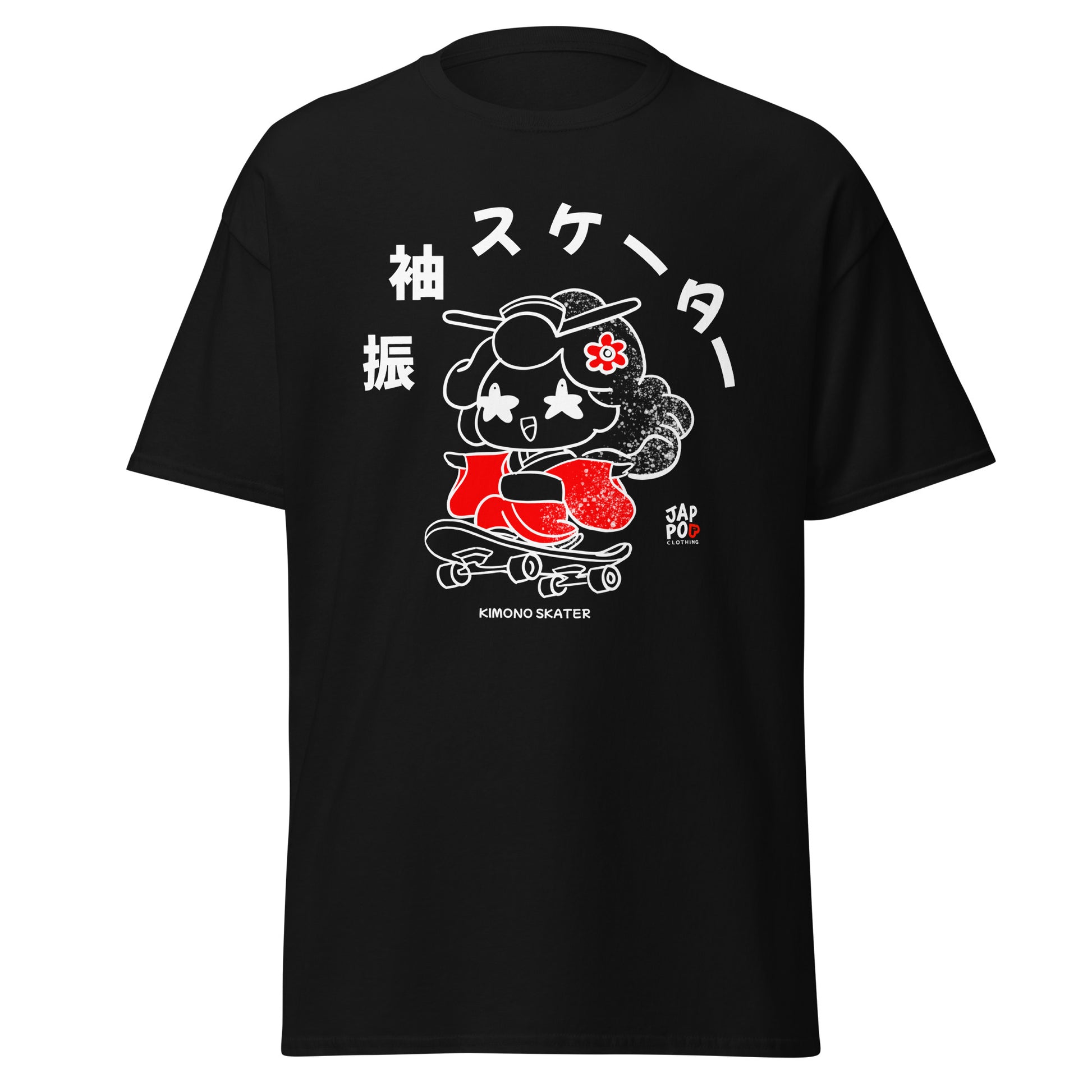 A JapPop illustration of a skateboarder wearing a flowing Japanese kimono, printed on a unisex T-shirt, blending traditional culture with modern street style.