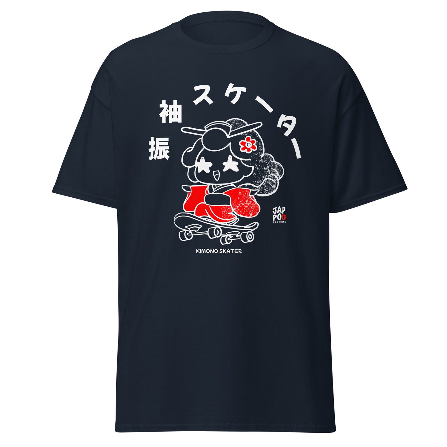 A JapPop illustration of a skateboarder wearing a flowing Japanese kimono, printed on a unisex T-shirt, blending traditional culture with modern street style.