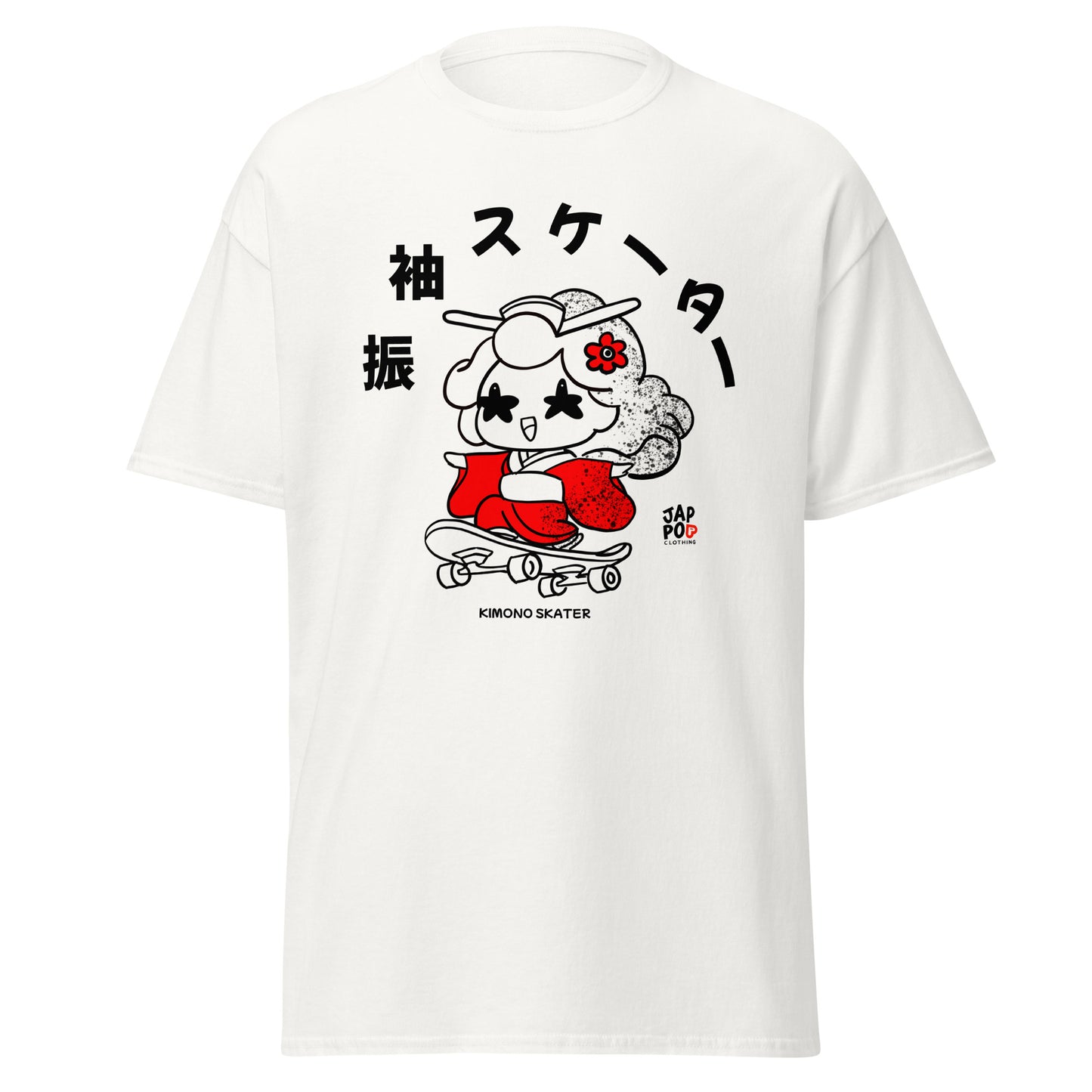 A JapPop illustration of a skateboarder wearing a flowing Japanese kimono, printed on a unisex T-shirt, blending traditional culture with modern street style.
