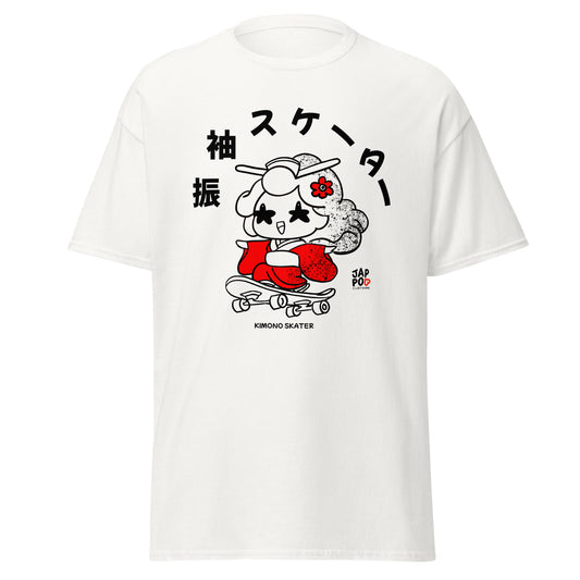 A JapPop illustration of a skateboarder wearing a flowing Japanese kimono, printed on a unisex T-shirt, blending traditional culture with modern street style.