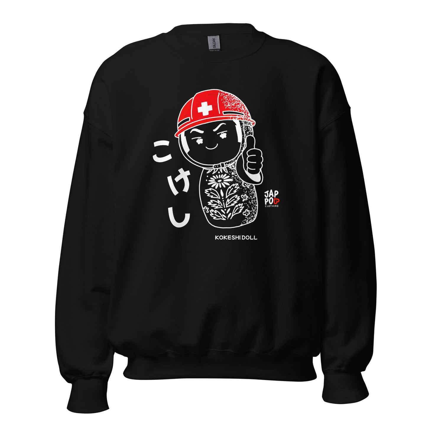 JapPop sweatshirt with a Japanese Kokeshi doll wearing a helmet, blending traditional folk art with gentle humor