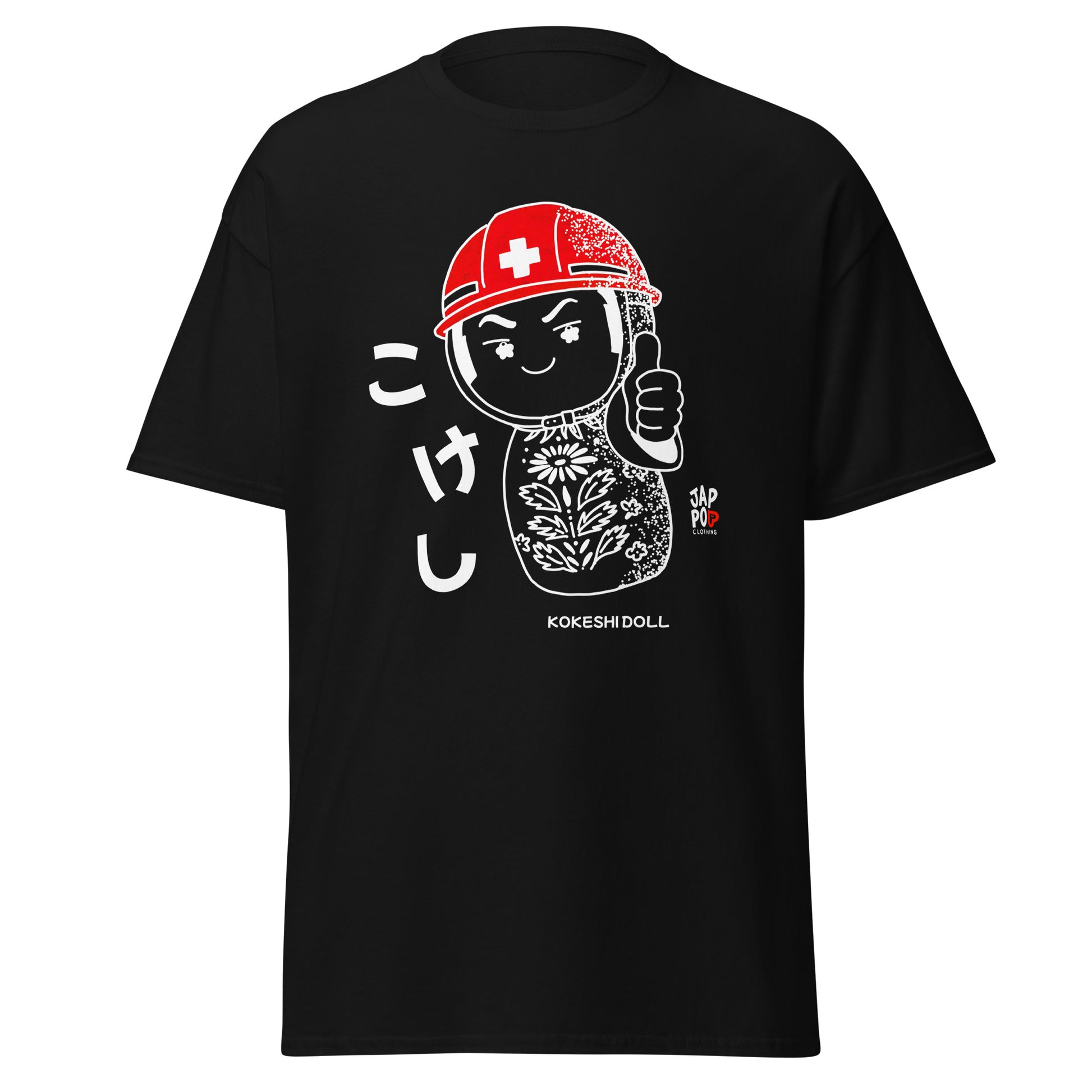 JapPop t-shirt featuring a traditional Japanese Kokeshi doll wearing a helmet in a playful, minimal illustration style