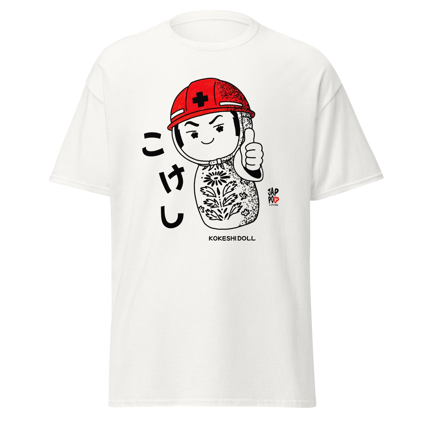 JapPop t-shirt featuring a traditional Japanese Kokeshi doll wearing a helmet in a playful, minimal illustration style