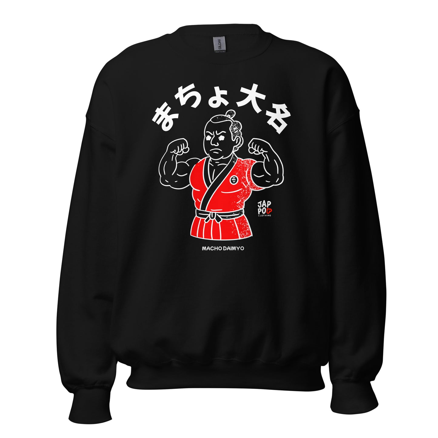 Unisex sweatshirt featuring Macho Daimyo, a muscular feudal Japanese lord with a topknot, illustrated in bold JapPop style