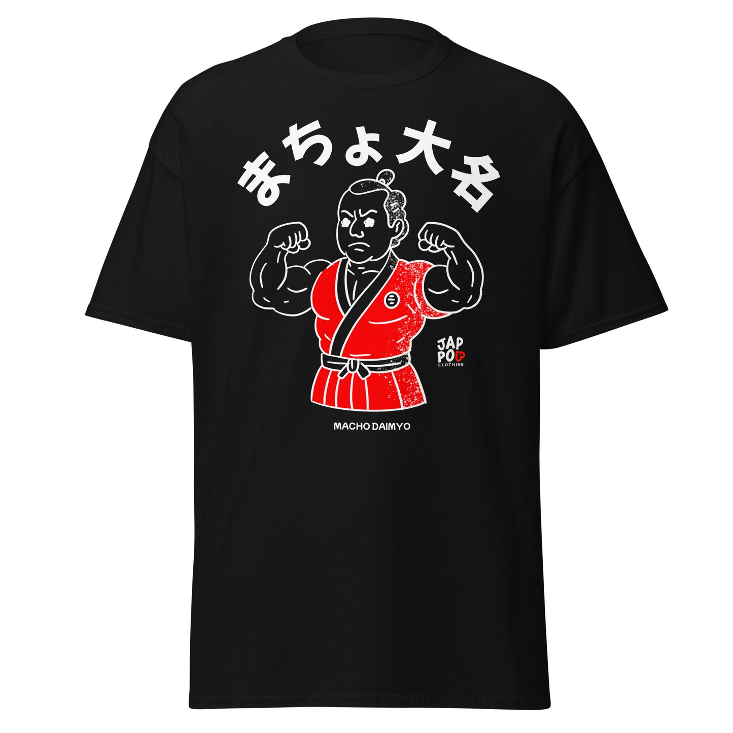 Unisex graphic t-shirt featuring Macho Daimyo, a muscular feudal Japanese lord with a traditional topknot in JapPop style