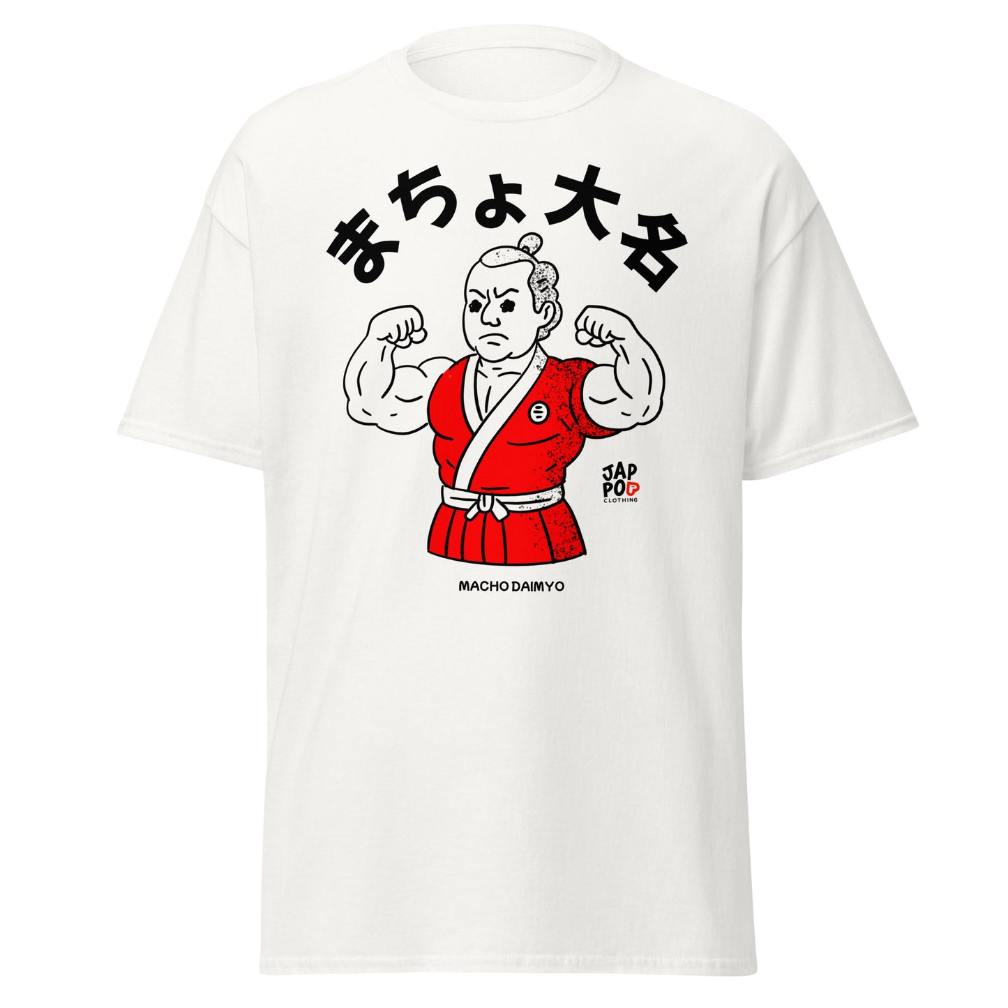 Unisex graphic t-shirt featuring Macho Daimyo, a muscular feudal Japanese lord with a traditional topknot in JapPop style