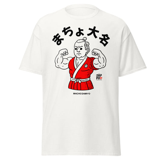 Unisex graphic t-shirt featuring Macho Daimyo, a muscular feudal Japanese lord with a traditional topknot in JapPop style