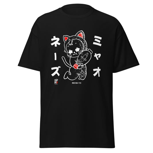 Meow-Yo unisex classic tee featuring a Japanese cat and mayonnaise wordplay illustration