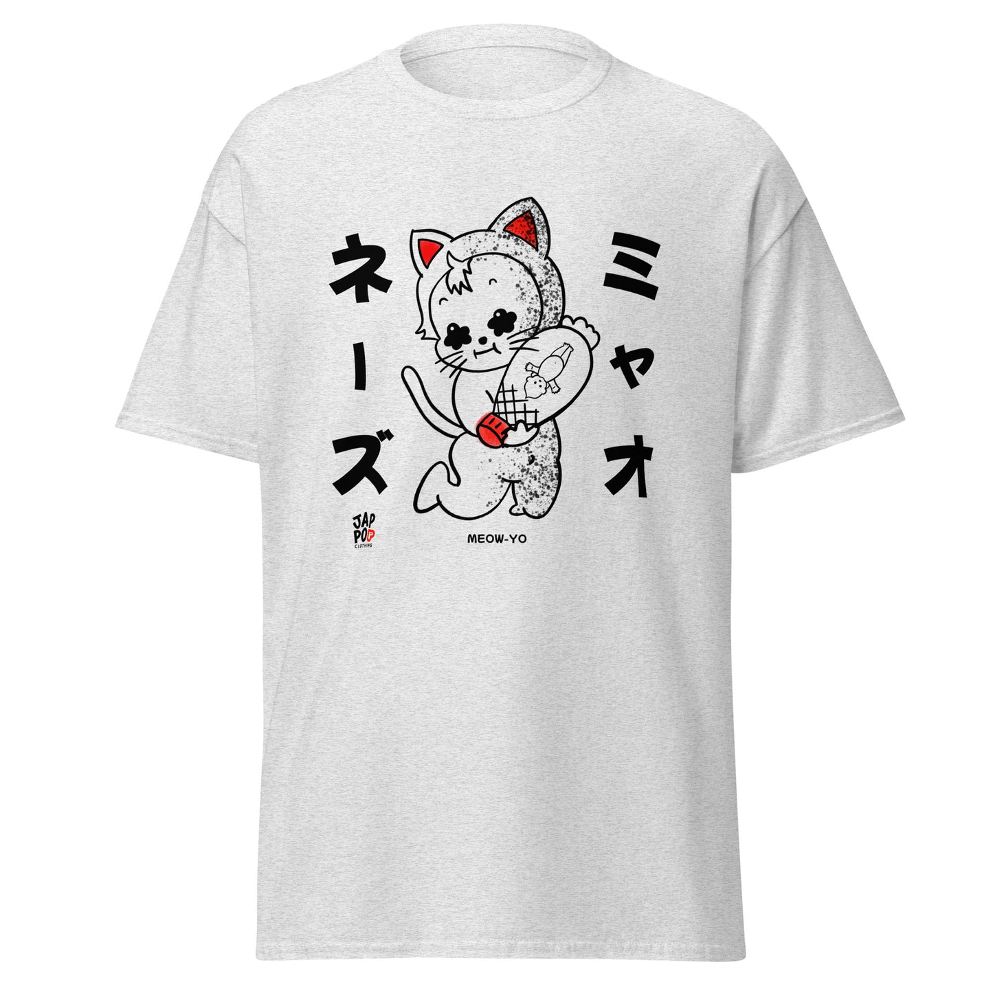 Meow-Yo unisex classic tee featuring a Japanese cat and mayonnaise wordplay illustration